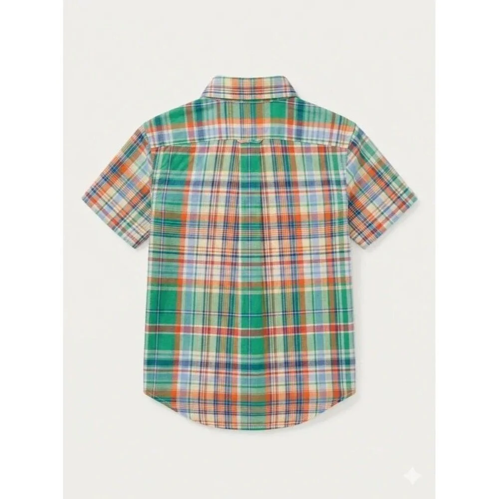 Polo Ralph Lauren Boys 4T Plaid Button Down Shirt Green Orange Blue Short Sleeve
